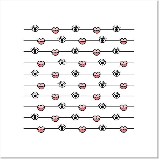 Funky Graphic Lips and Eyes Pattern Black, Pink, White Wall Art by fivemmPaper